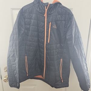 L.L. Bean Dark Gray Puffer Jacket with High Collar and Orange Trim